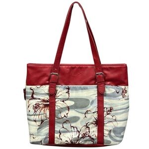 Kai Red Leather and Floral Beach Tote‎ Bag